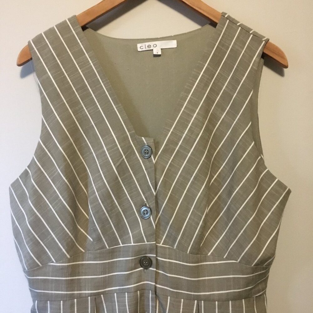 VTG Y2K Cleo Striped Linen Look Midi Button Down Dress 14 Academia Babydoll - Picture 5 of 15